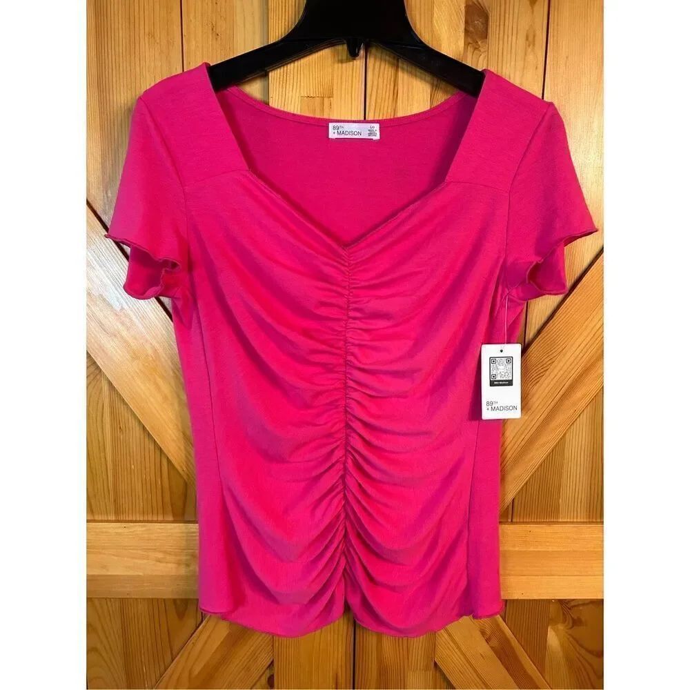 89th & Madison Ruched Ruffle Sleeve Tee Size Large Raspberry Sherbet nwt (4472)